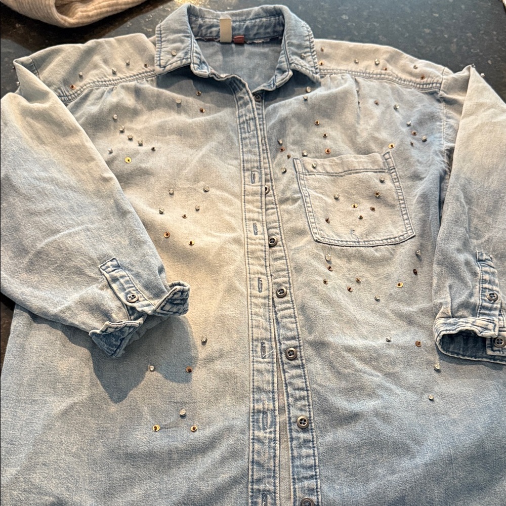 Women’s Light Blue Denim Shirt with Stud Accents